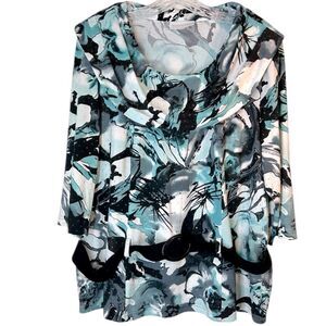 HERMANN LANGE 50 WOMANS TOP BLOUSE GREEN BLACK WHITE COWL NECK sequins belted